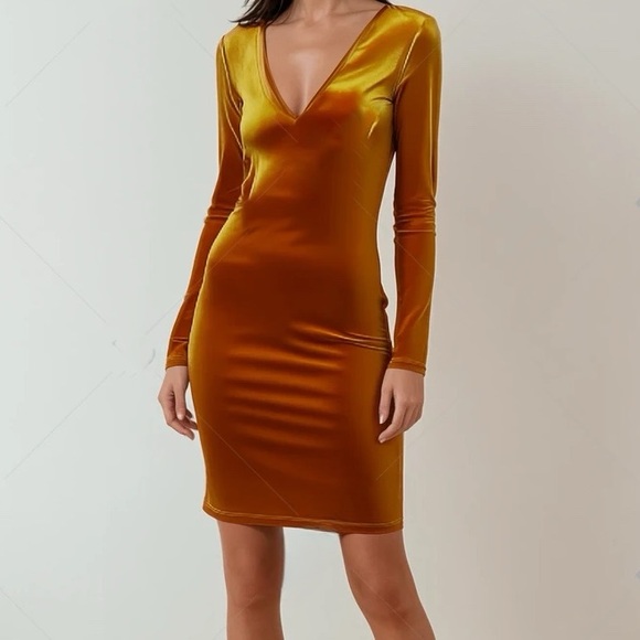 Gold long sleeve velvet mini dress in size Small. - Picture 2 of 9